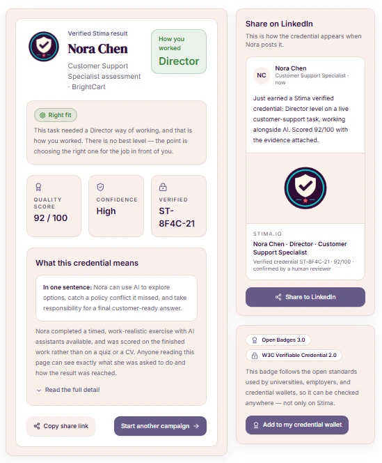A verified Stima Prova result page: quality score, collaboration level, and shareable credential