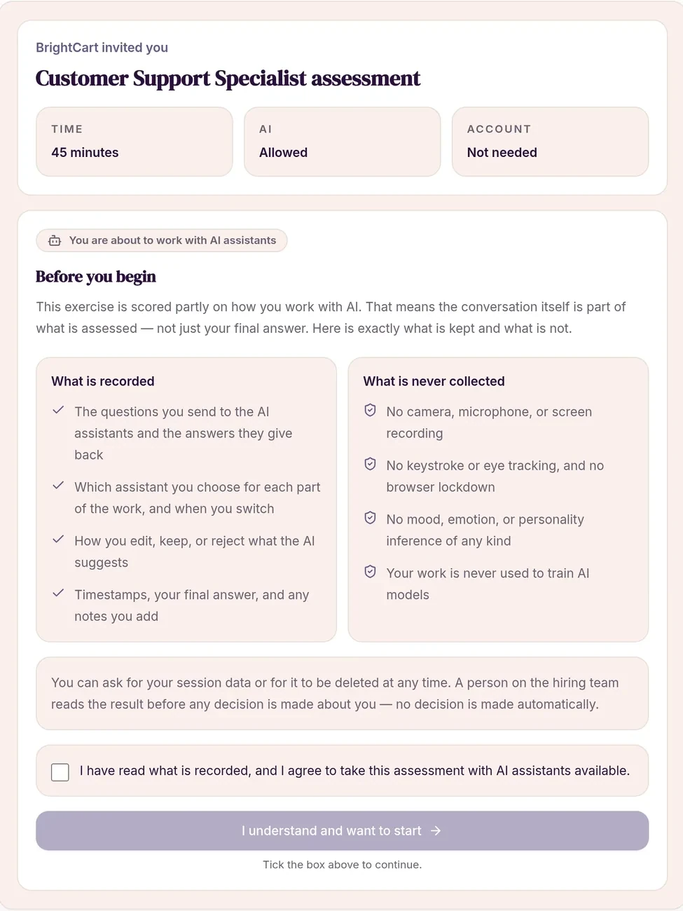 Candidate consent screen showing exactly what is recorded and what is never collected