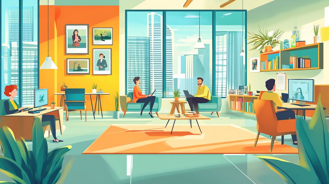 Illustration of a hiring team reviewing candidates in a modern office