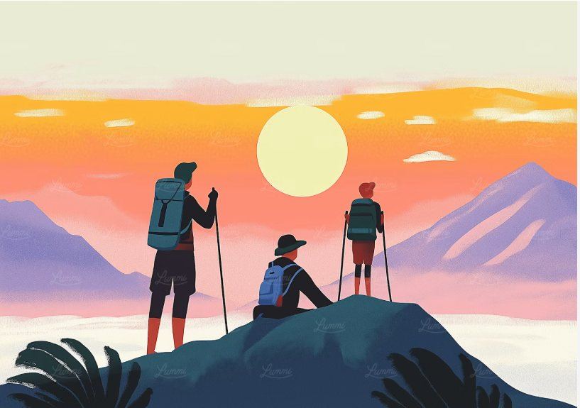 Illustration of three hikers at sunrise above a sea of clouds, the human on the summit