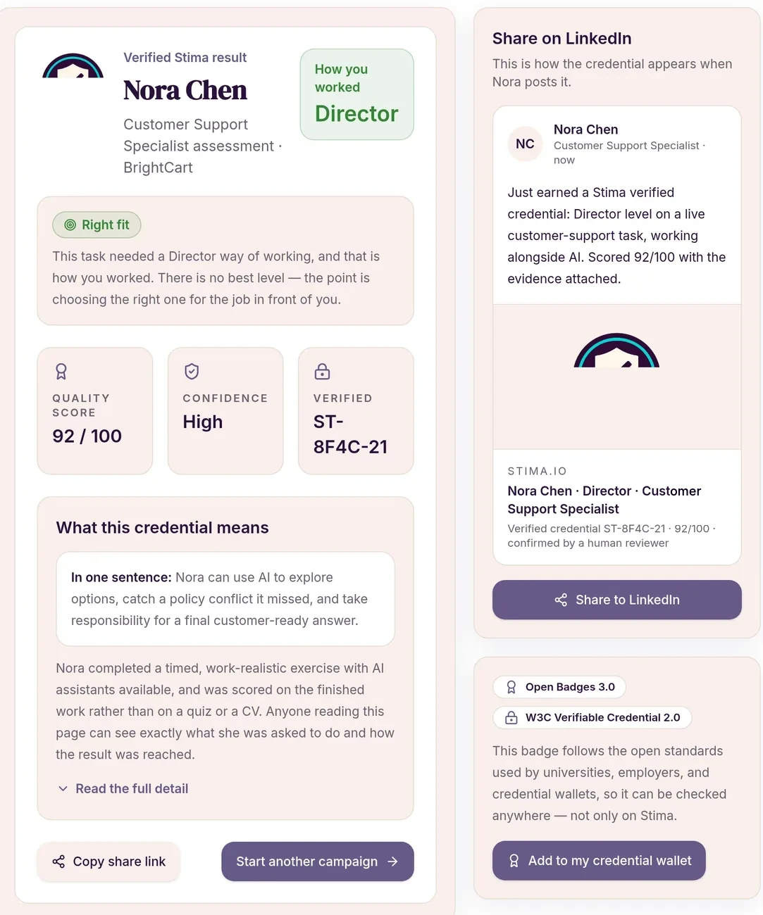 A verified Stima Prova result page with quality score, collaboration level and credential