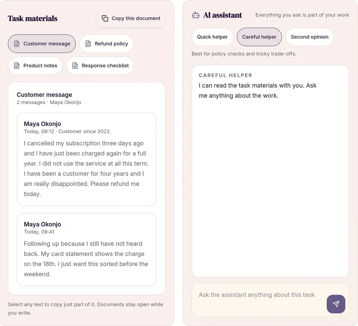 Candidate workspace, a realistic task with AI assistants available and consent given