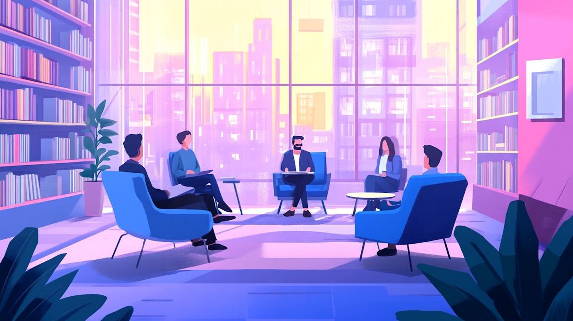 students and faculty in discussion at a university library