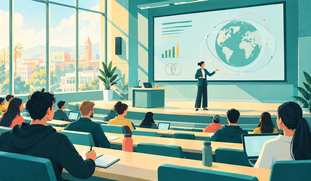 Illustration of a lecturer presenting to students in a bright modern lecture hall
