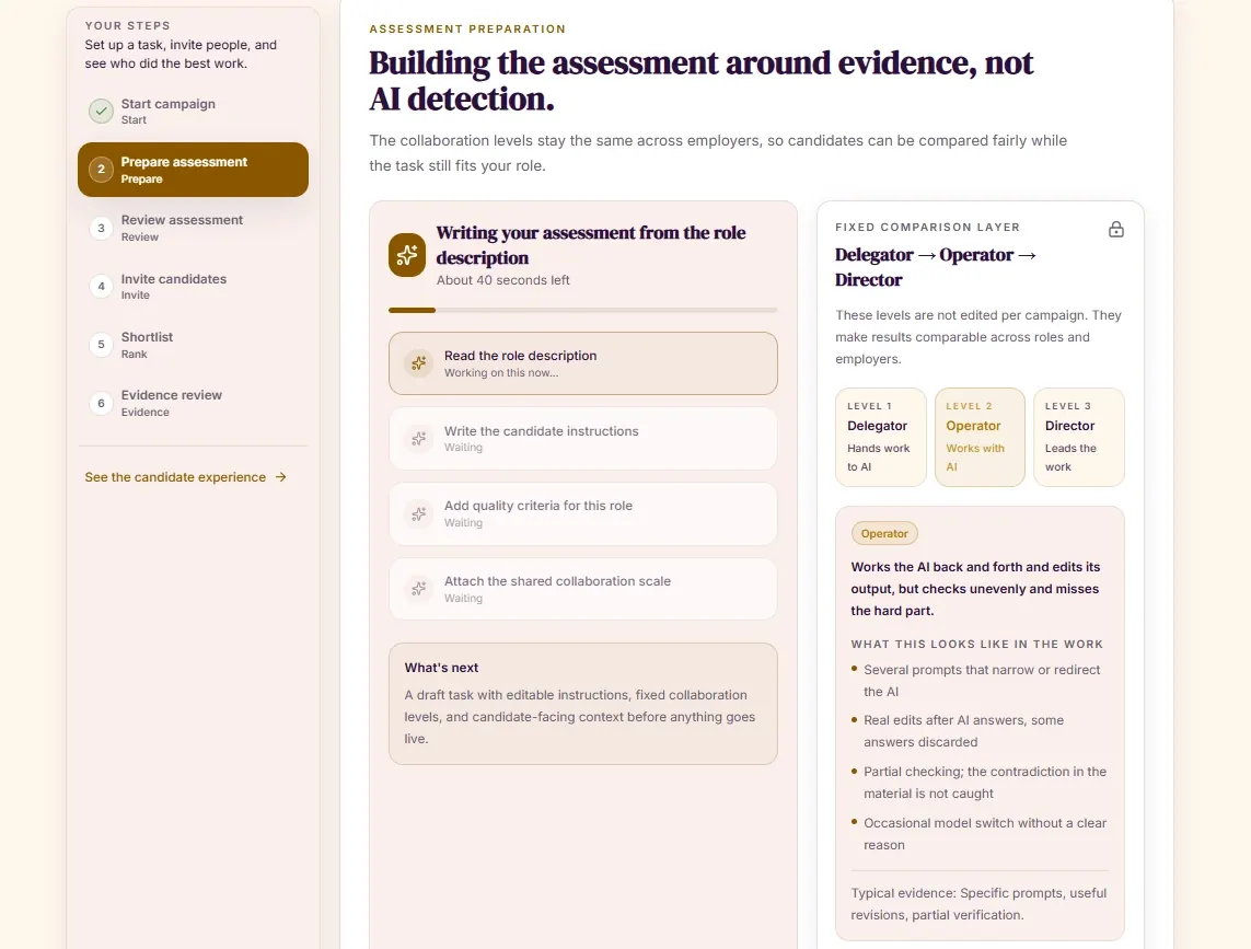 Assessment preparation, task context, quality criteria and a fixed comparison layer