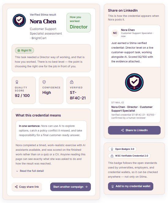 Verified result, quality score, collaboration level, and a shareable credential